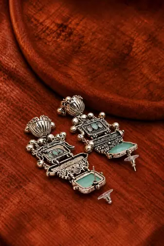 German silver geometric pink green long jhumka earrings