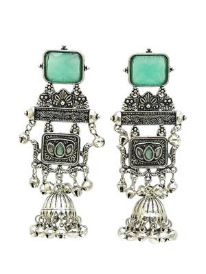 German silver geometric pink green long jhumka earrings 5