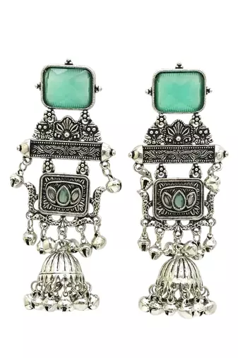 German silver geometric pink green long jhumka earrings