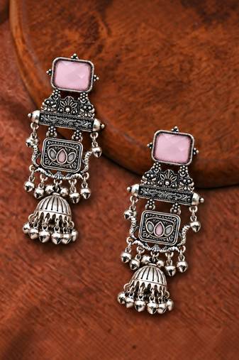 German silver geometric pink long jhumka earrings