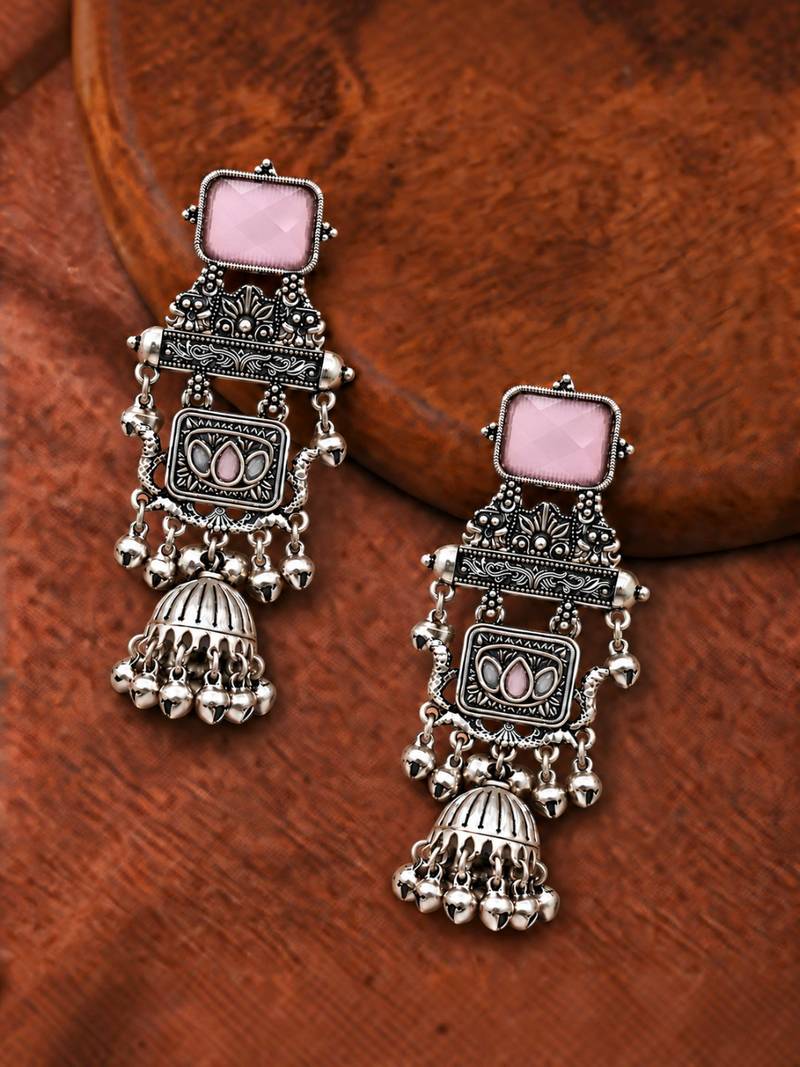 German silver geometric pink long jhumka earrings