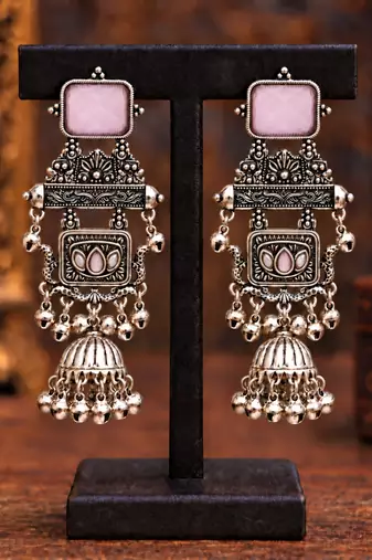 German silver geometric pink long jhumka earrings