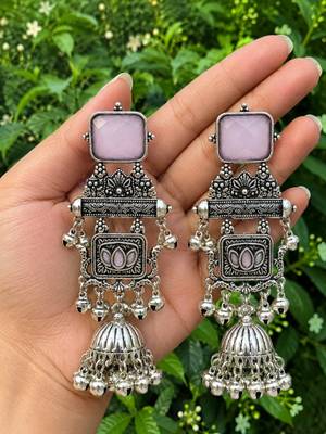 German silver geometric pink long jhumka earrings 3