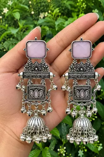 German silver geometric pink long jhumka earrings