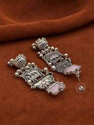 German silver geometric pink long jhumka earrings 4