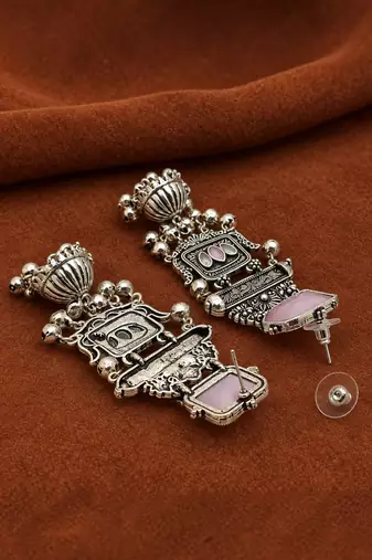German silver geometric pink long jhumka earrings