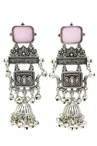 German silver geometric pink long jhumka earrings