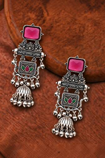 German silver geometric red green long jhumka earrings