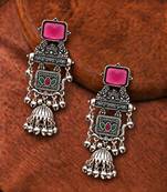 German silver geometric red green long jhumka earrings