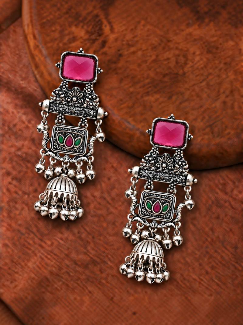 German silver geometric red green long jhumka earrings