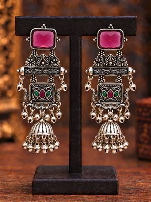 German silver geometric red green long jhumka earrings 2