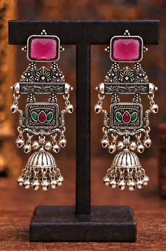 German silver geometric red green long jhumka earrings