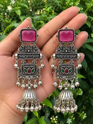 German silver geometric red green long jhumka earrings 3