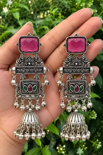 German silver geometric red green long jhumka earrings