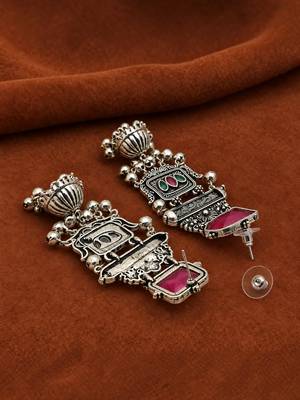 German silver geometric red green long jhumka earrings 4