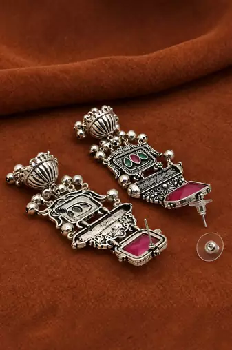 German silver geometric red green long jhumka earrings
