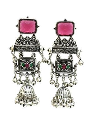 German silver geometric red green long jhumka earrings 5
