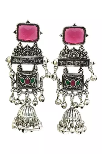 German silver geometric red green long jhumka earrings