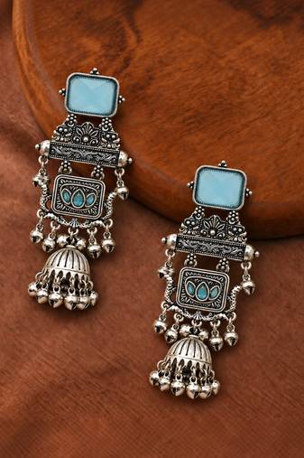 German silver geometric sky blue long jhumka earrings