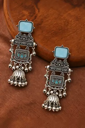 German silver geometric sky blue long jhumka earrings