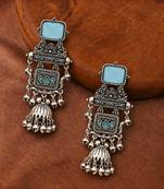 German silver geometric sky blue long jhumka earrings