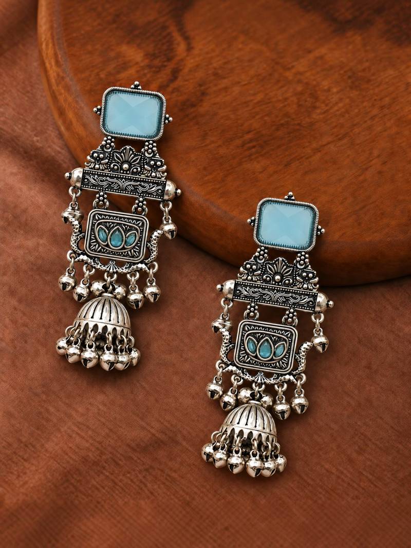 German silver geometric sky blue long jhumka earrings