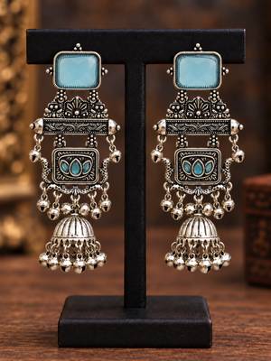 German silver geometric sky blue long jhumka earrings 2