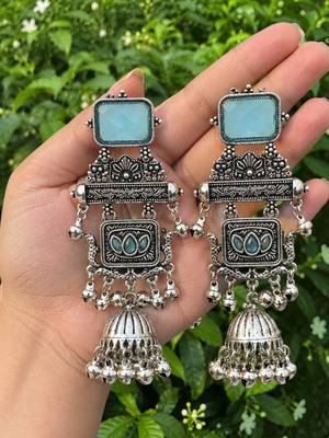 German silver geometric sky blue long jhumka earrings 3