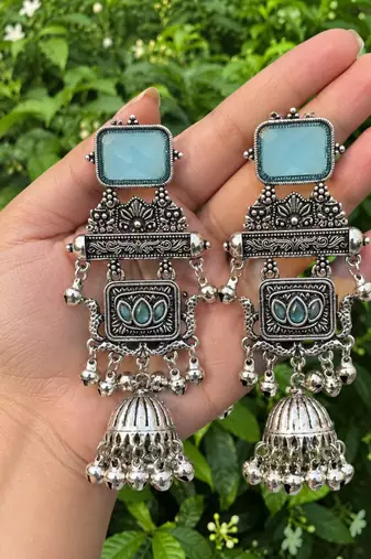 German silver geometric sky blue long jhumka earrings