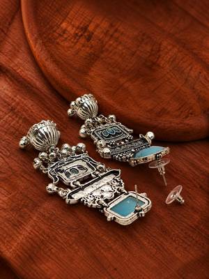 German silver geometric sky blue long jhumka earrings 4