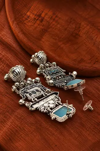 German silver geometric sky blue long jhumka earrings
