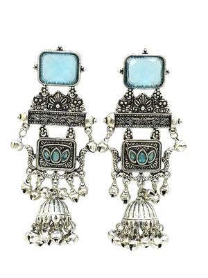 German silver geometric sky blue long jhumka earrings 5