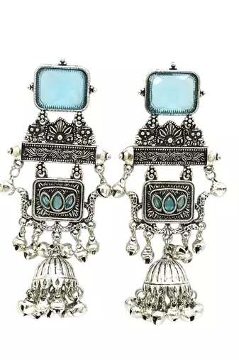 German silver geometric sky blue long jhumka earrings