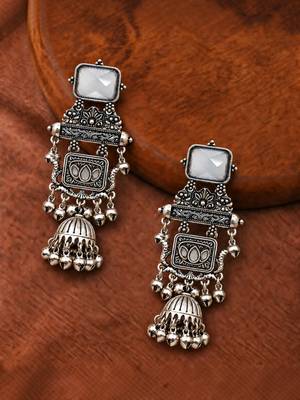 German silver geometric white long jhumka earrings 1