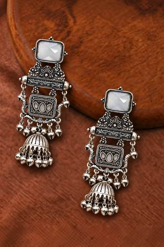 German silver geometric white long jhumka earrings