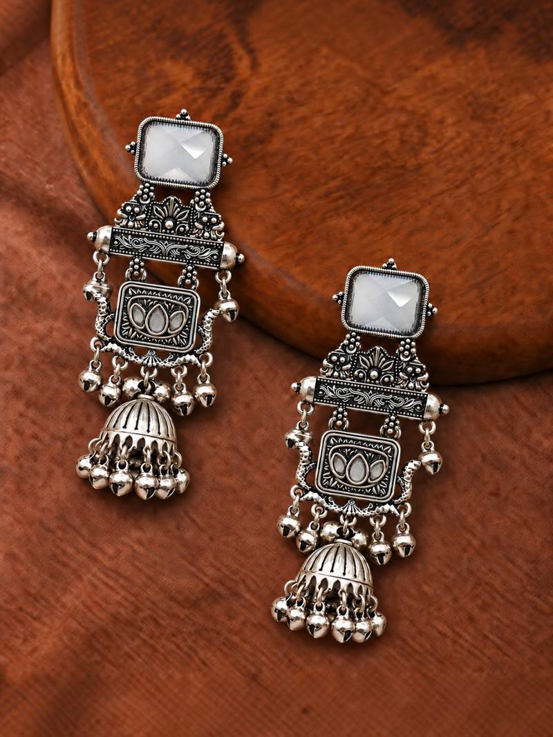 German silver geometric white long jhumka earrings