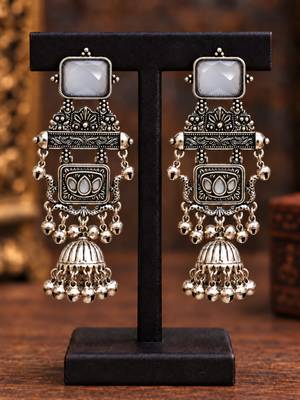 German silver geometric white long jhumka earrings 2