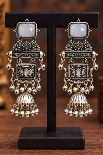 German silver geometric white long jhumka earrings