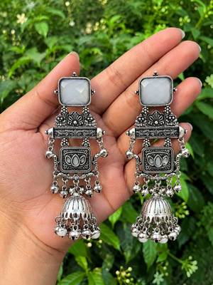 German silver geometric white long jhumka earrings 3