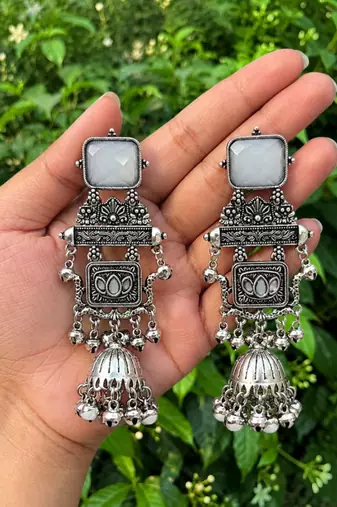 German silver geometric white long jhumka earrings