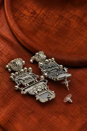 German silver geometric white long jhumka earrings