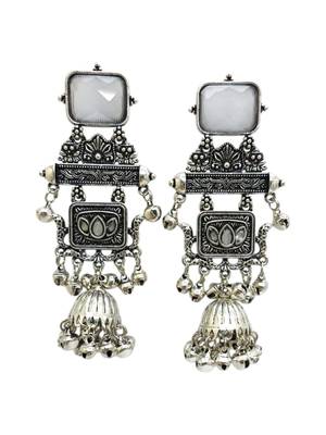 German silver geometric white long jhumka earrings 5
