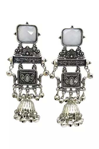 German silver geometric white long jhumka earrings