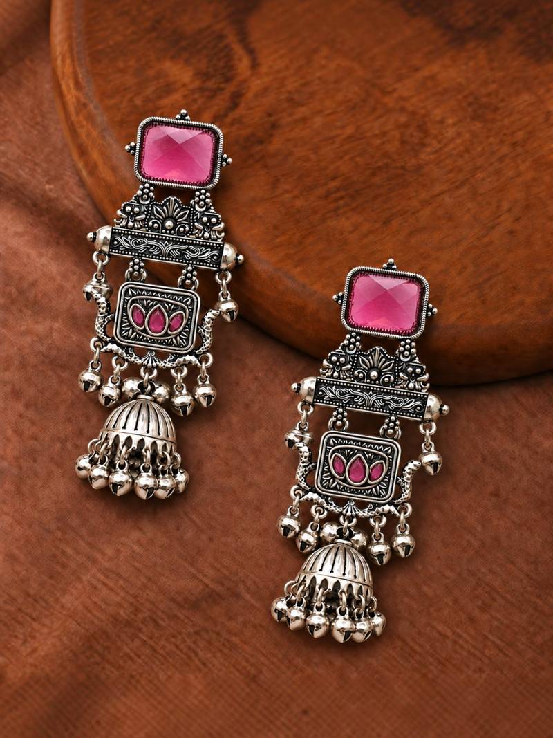 German silver geometric wine long jhumka earrings