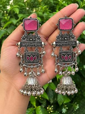 German silver geometric wine long jhumka earrings 3