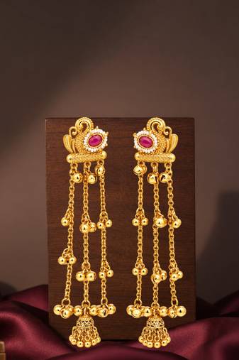 Gold plated peacock motif long kashmiri earrings