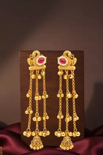 Gold plated peacock motif long kashmiri earrings