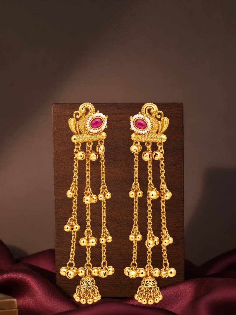 Gold plated peacock motif long kashmiri earrings