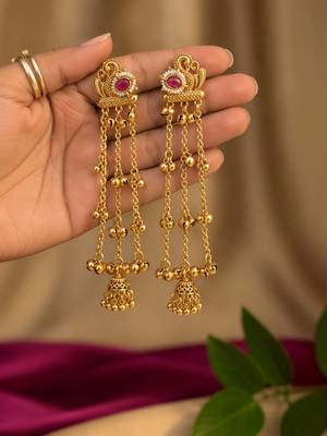 Gold plated peacock motif long kashmiri earrings 2