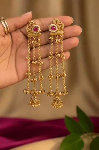 Gold plated peacock motif long kashmiri earrings